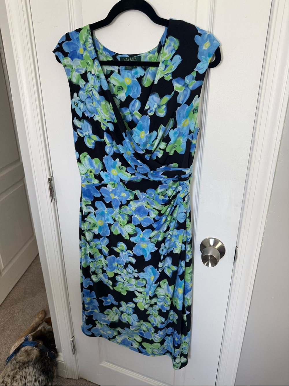 Lauren Ralph Lauren Black Floral Midi Dress with Blue and Green Blooms